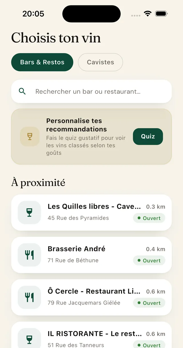 L'app BEBER, écran «&nbsp;Choisis ton vin&nbsp;»&nbsp;: bars, restaurants et cavistes à proximité, dans Lille.